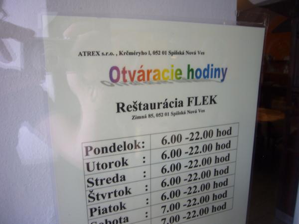 Otvírací doba v Reštaurácii Flek